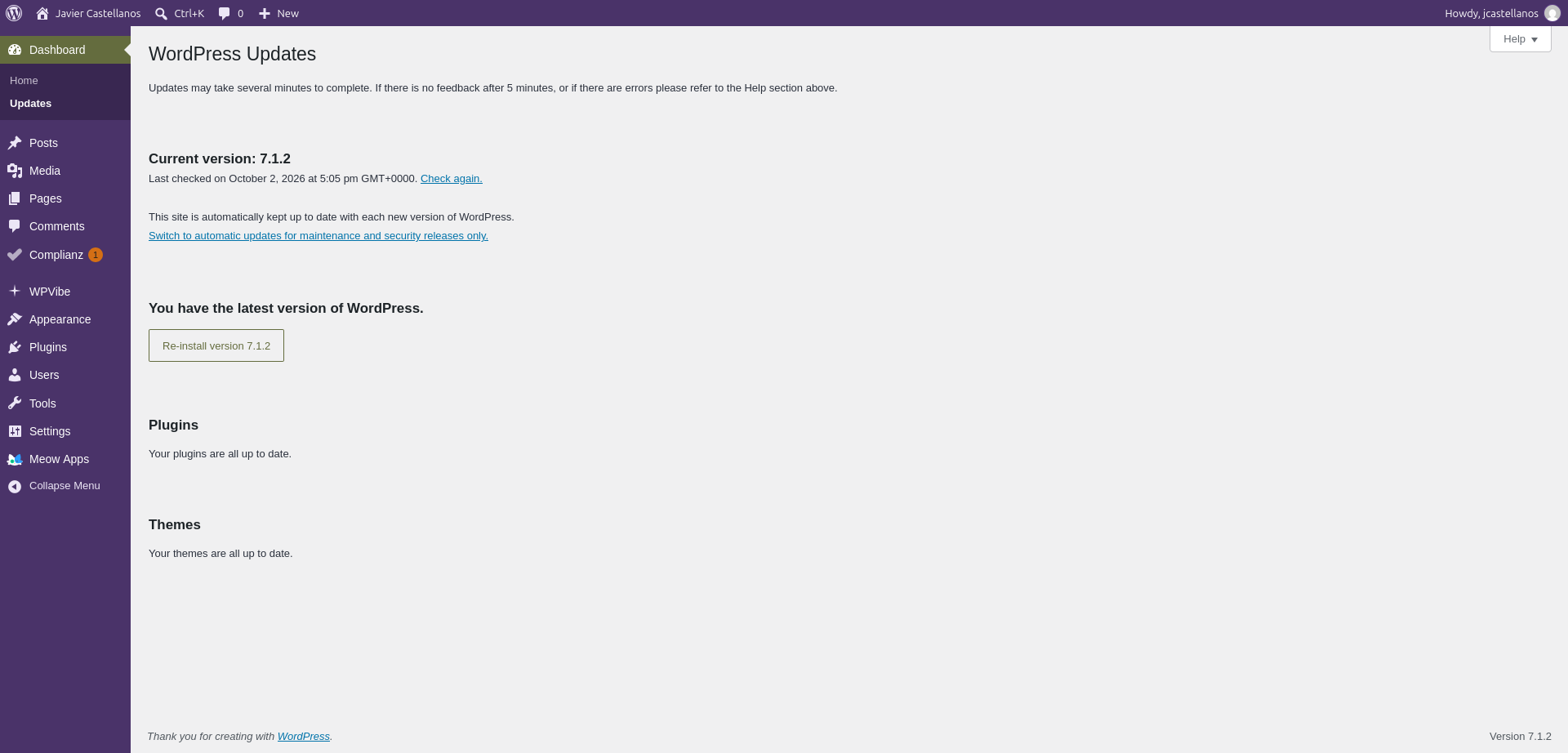 Pantalla de Actualizaciones de WordPress: versión 7.1.2 al día, plugins y temas actualizados