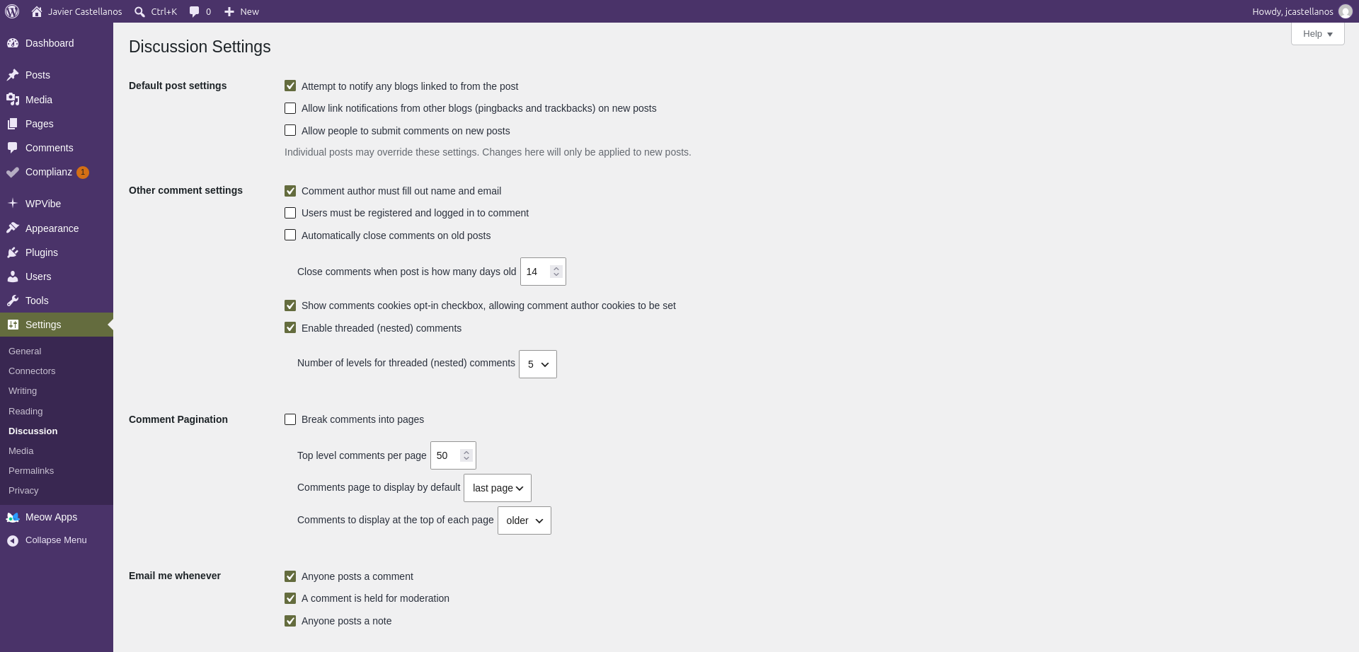 Ajustes de debate de WordPress: pingbacks y comentarios en nuevas entradas desmarcados