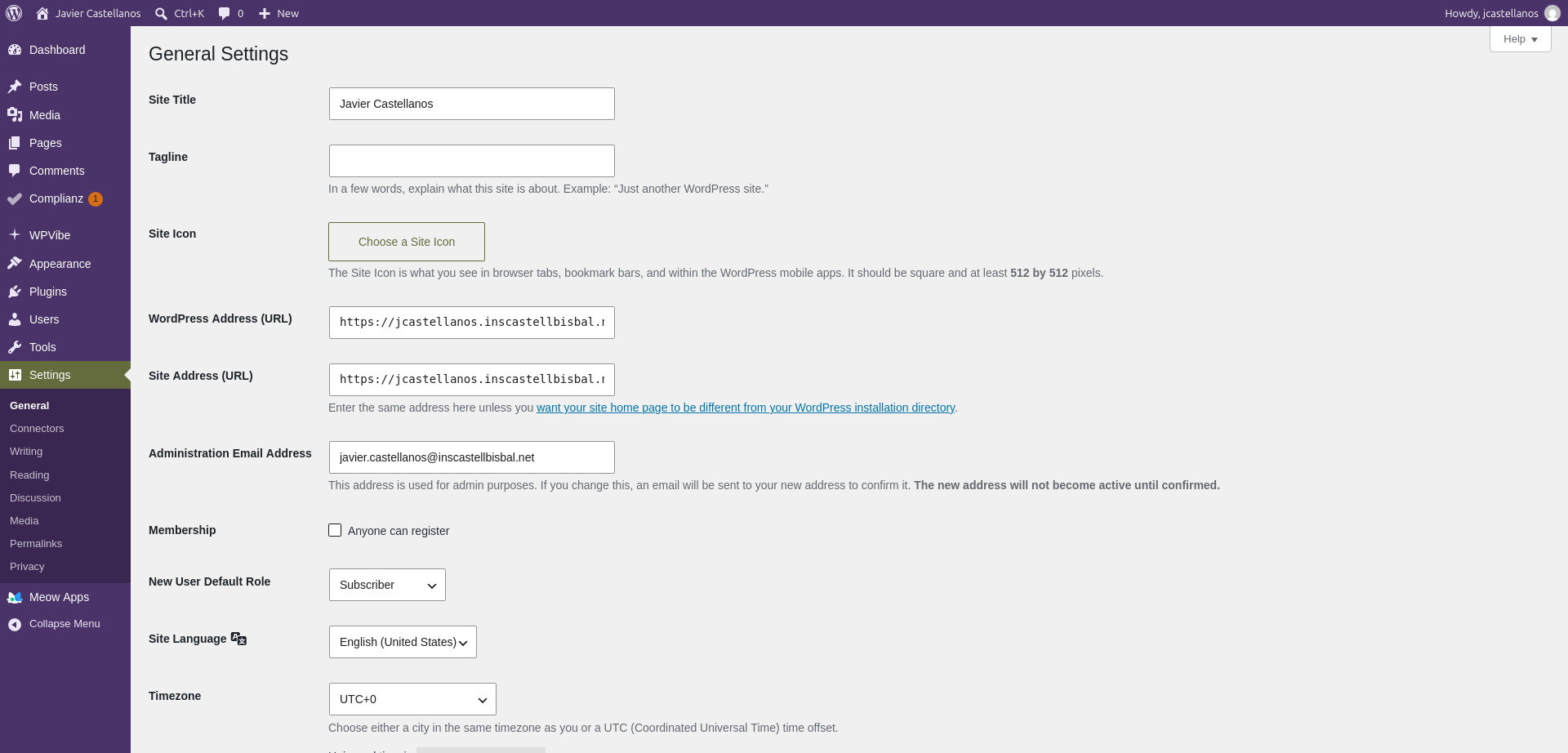 Ajustes generales de WordPress: registro de usuarios desactivado y rol por defecto Subscriber