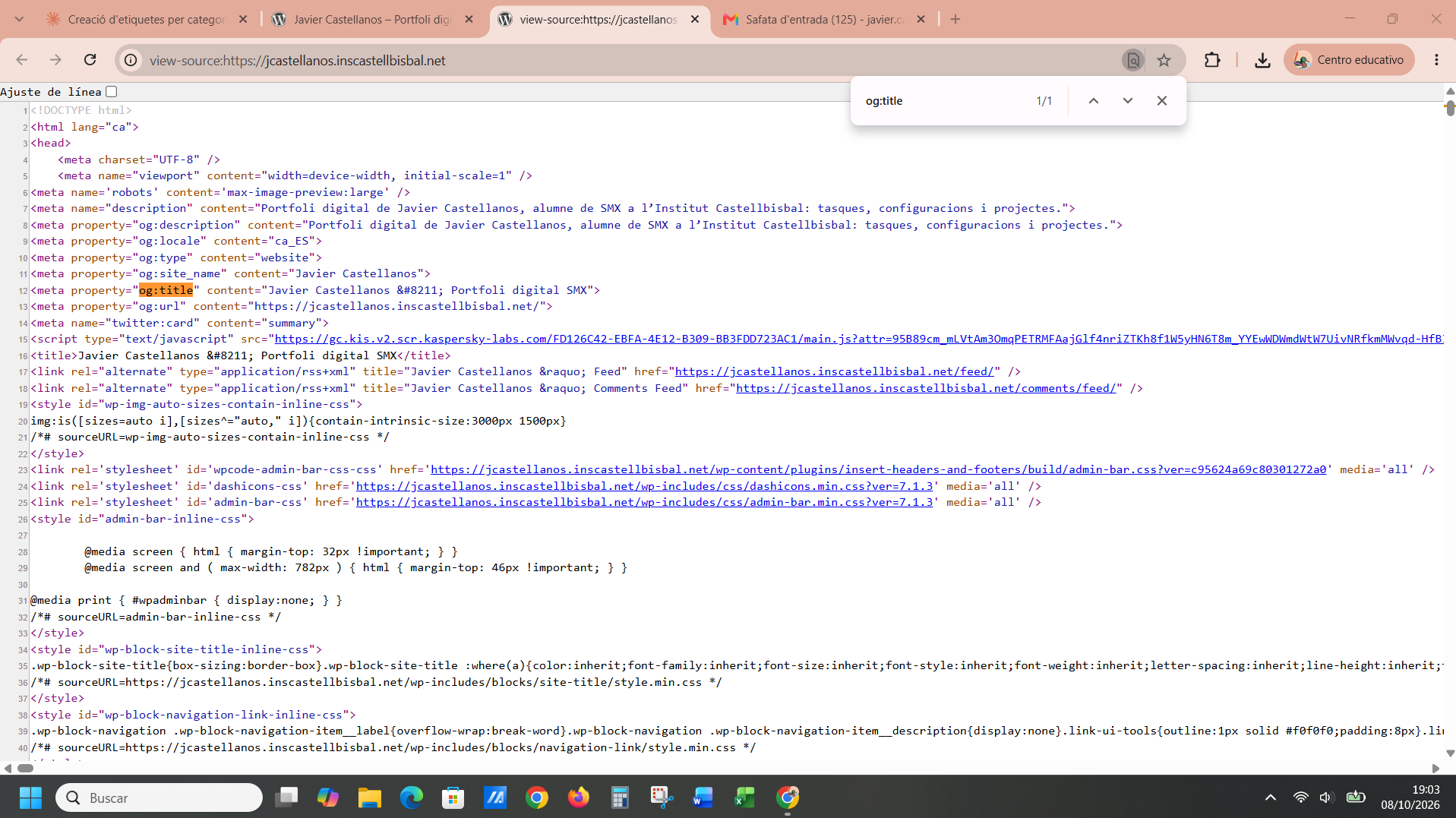 Codi font de la portada amb la meta description, les etiquetes Open Graph i el JSON-LD