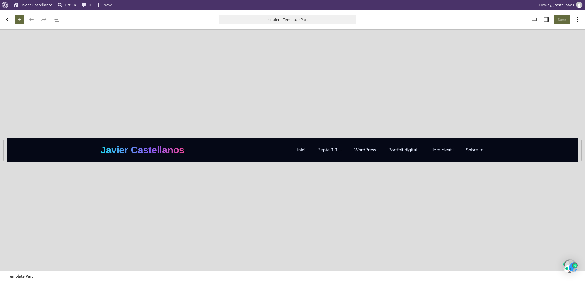 Editor de la cabecera con el menú: Inici, Repte 1.1, WordPress, Portfoli digital, Llibre d'estil y Sobre mi