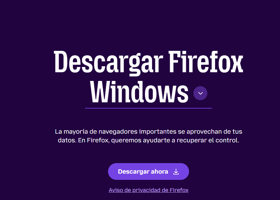 Pàgina oficial de descàrrega de Firefox per a Windows