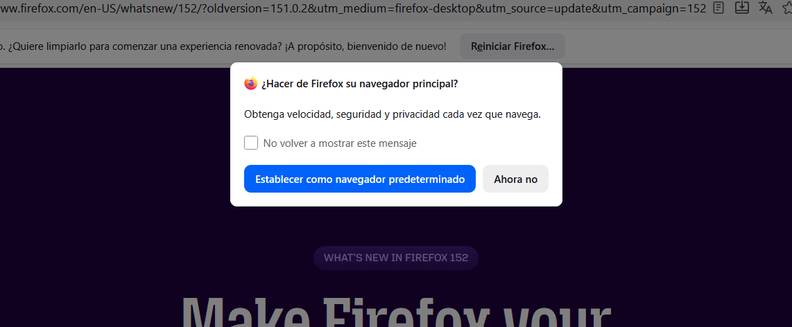 Firefox instal·lat: pàgina de novetats de la versió 152