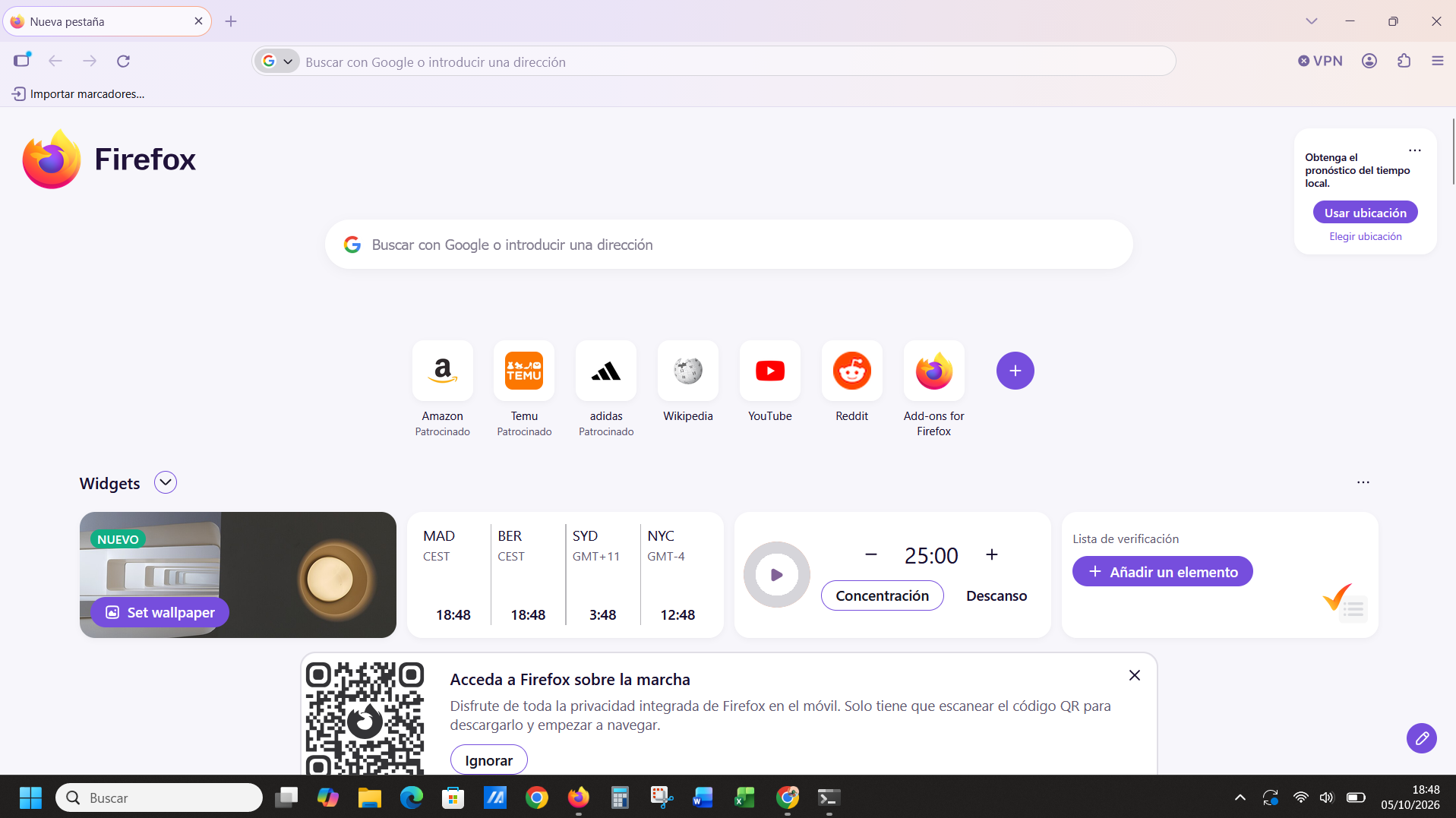 Firefox obert amb la pàgina de nova pestanya