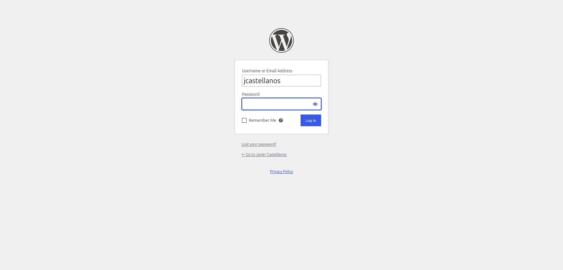 Pantalla de inicio de sesión de WordPress con el usuario jcastellanos escrito y la contraseña vacía