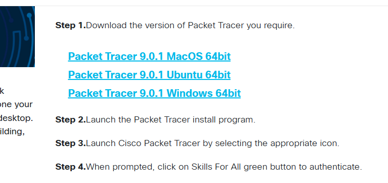Pàgina oficial de Cisco amb els passos de descàrrega de Packet Tracer 9.0.1