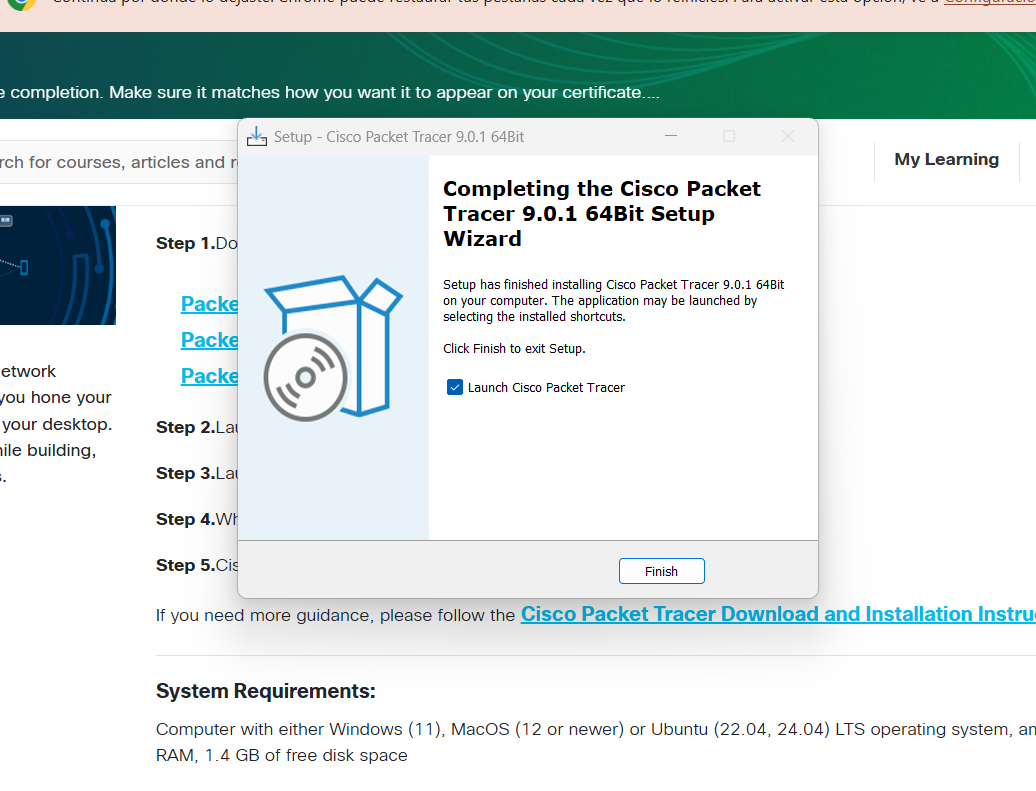Assistent de Packet Tracer 9.0.1: instal·lació finalitzada