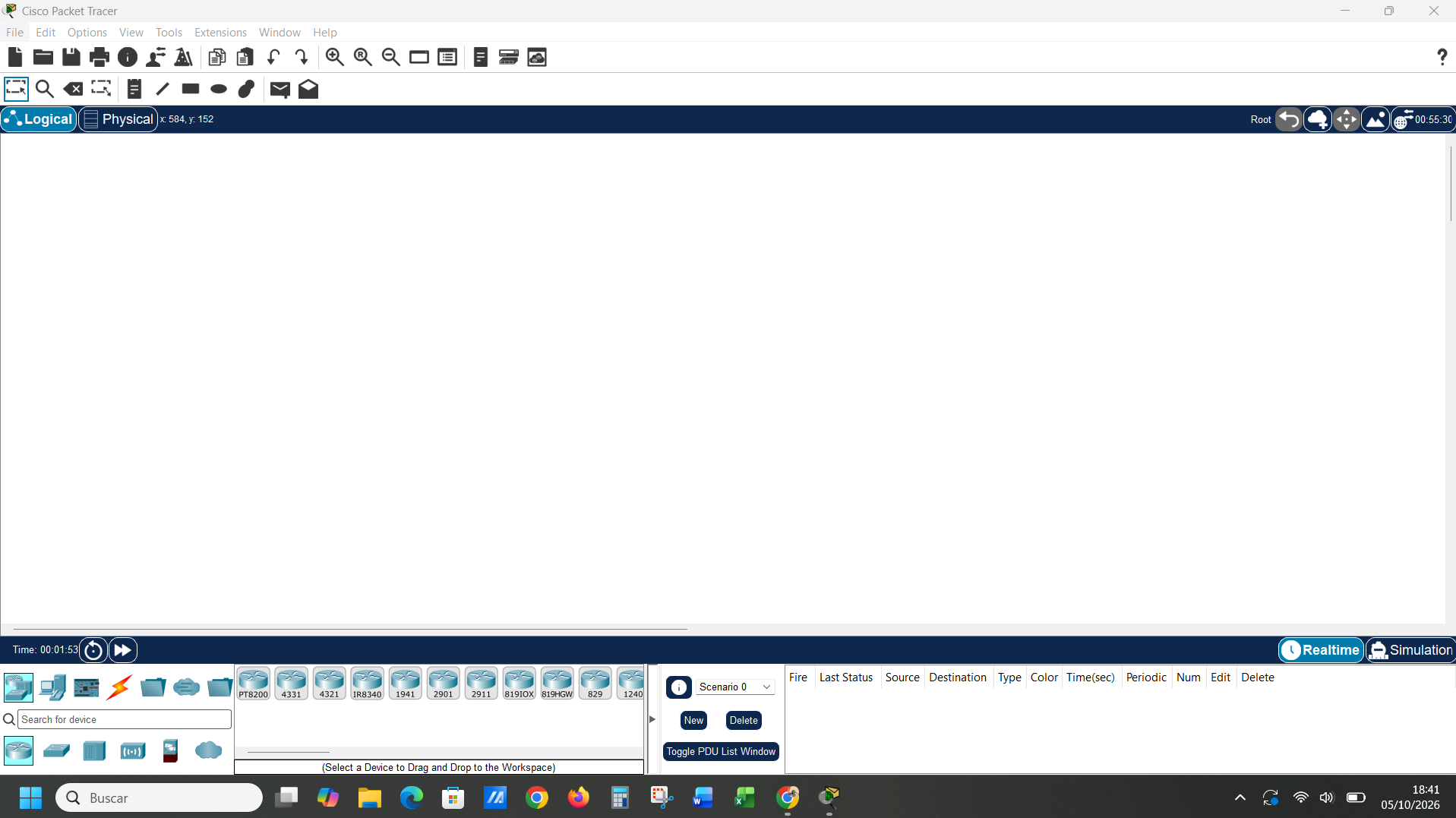 Packet Tracer obert i funcionant amb l'espai de treball lògic