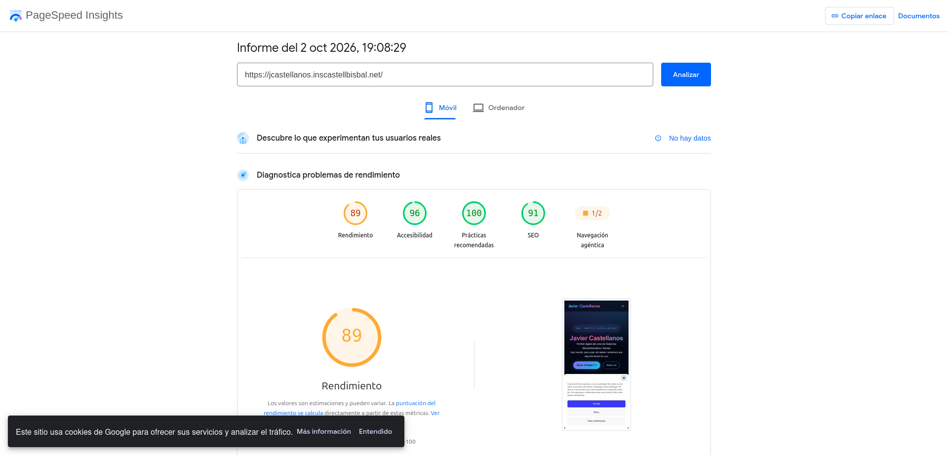 Resultado de PageSpeed Insights en móvil: rendimiento 89, accesibilidad 96, prácticas recomendadas 100, SEO 91