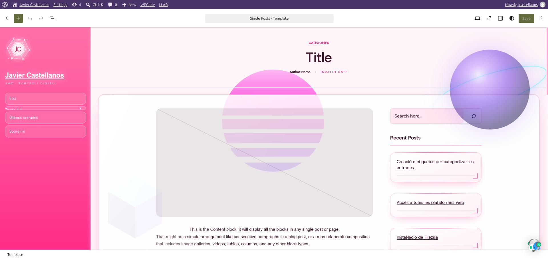 Plantilla Single Posts oberta a l'editor amb la vista de llista de blocs