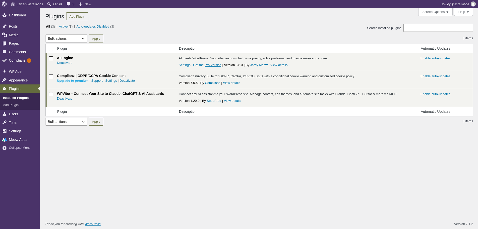 Lista de plugins instalados: AI Engine, Complianz y WPVibe, los tres activos