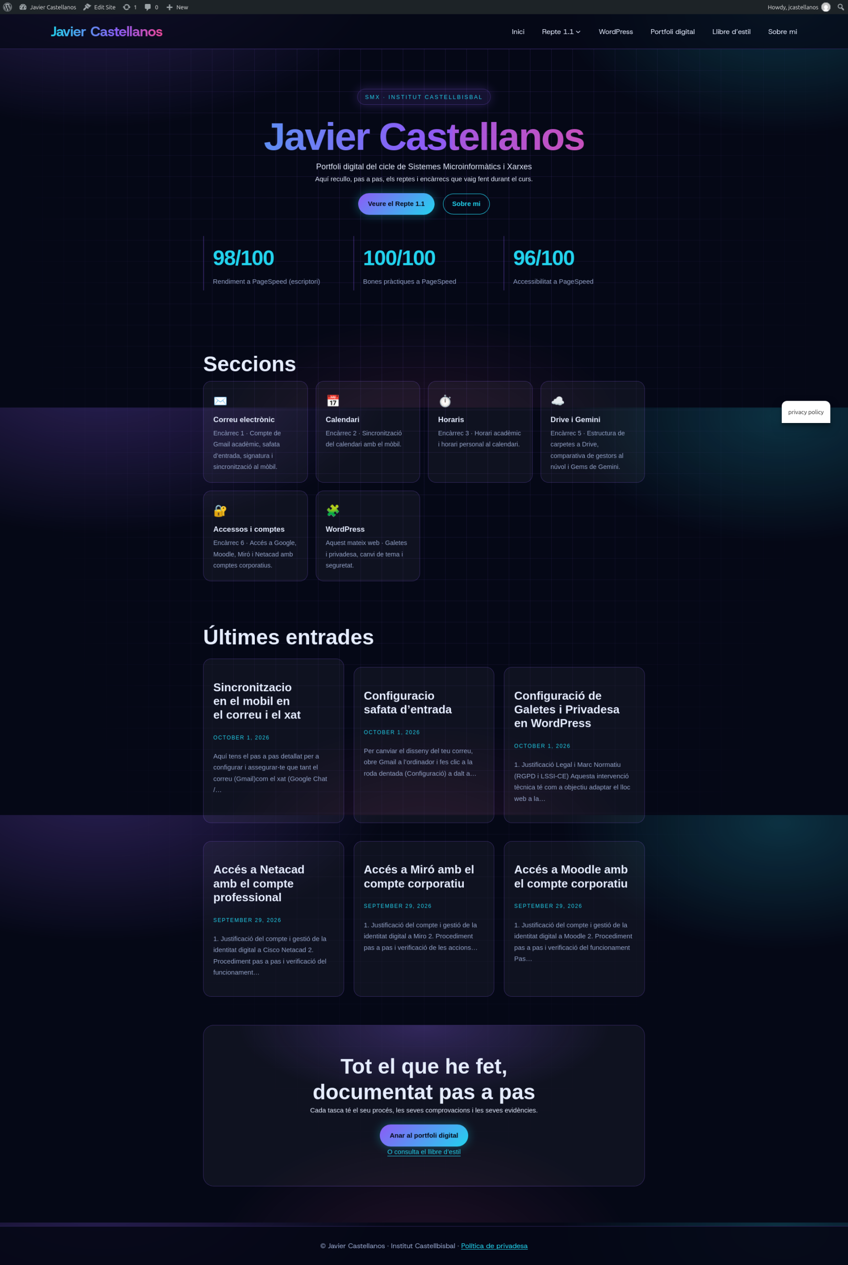 Portada completa del portfolio: cabecera, cifras de PageSpeed, secciones, últimas entradas y banner final