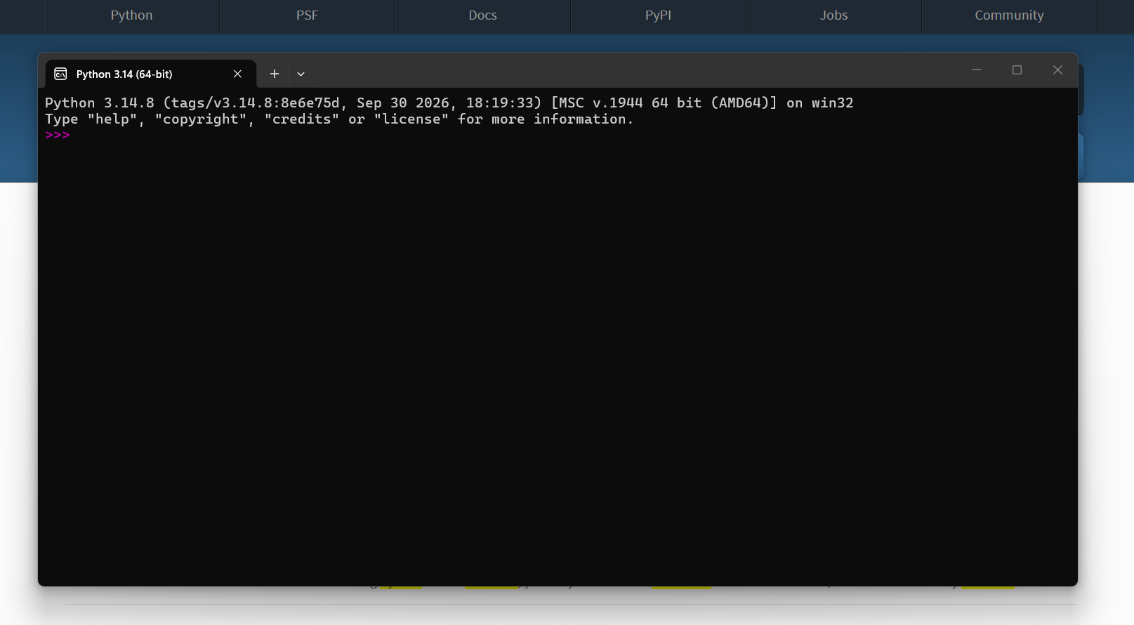 Python 3.14.8 (64 bits) executant-se al terminal