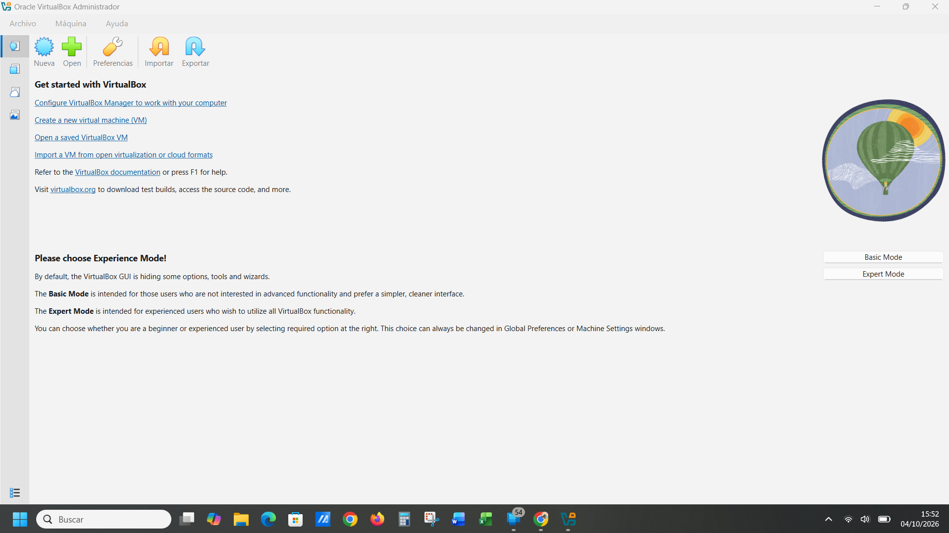 VirtualBox obert: finestra de l'administrador