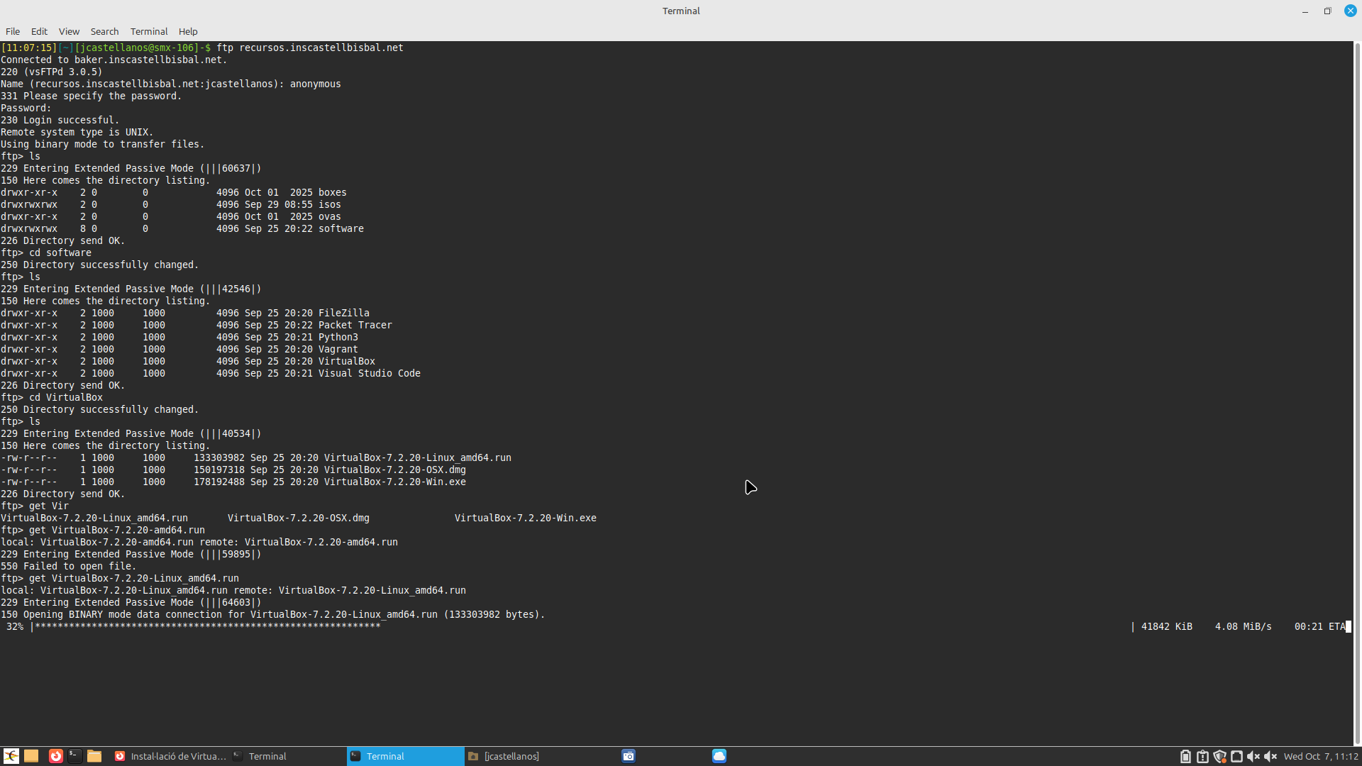 Terminal de Linux amb el client ftp connectat a recursos.inscastellbisbal.net: llistat de la carpeta software/VirtualBox i descàrrega de VirtualBox-7.2.20-Linux_amd64.run