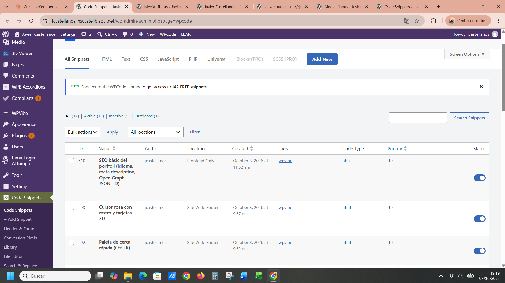 Fragment de codi «SEO bàsic del portfoli» actiu a WPCode