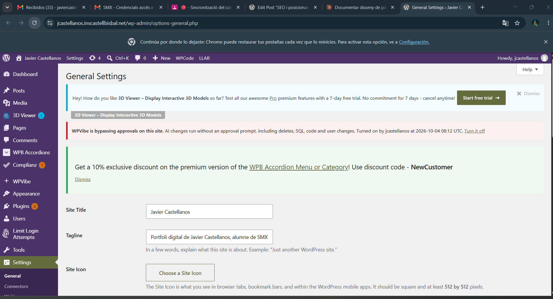 Lema del lloc definit a Ajustos > Generals de WordPress